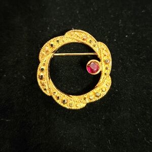 MCM Gold Tone Wreath & Garnet Brooch